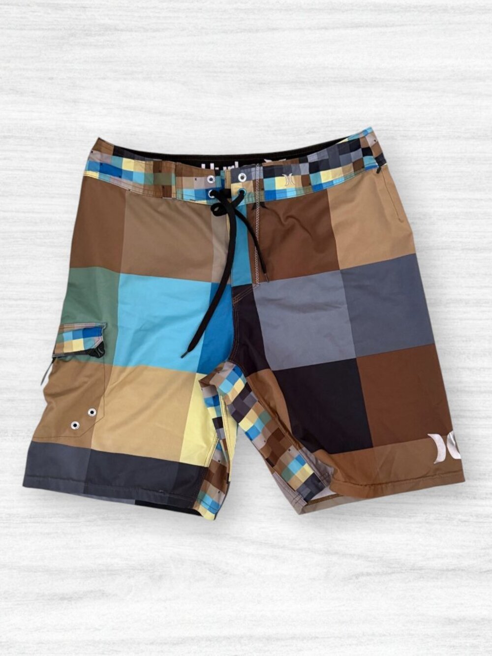 Hurley Phantom Board Shorts Mens 33 Brown Blue Plaid Colorblock Surf Swim Trunks